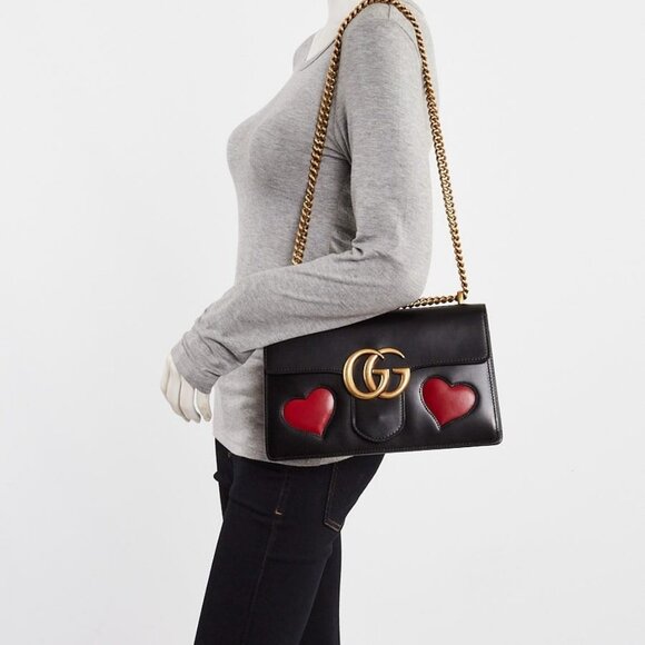 Gucci Black Smooth Leather GG Marmont Heart Shoulder Bag - Picture 1 of 12
